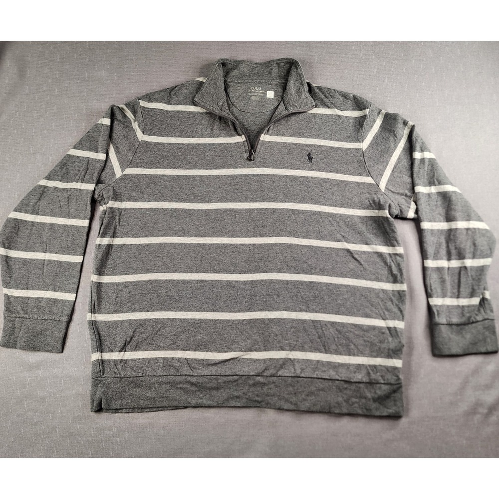 Polo Ralph Lauren Mens XXL Grey Striped Quarter Zip Pullover Long Sleeve Preppy
